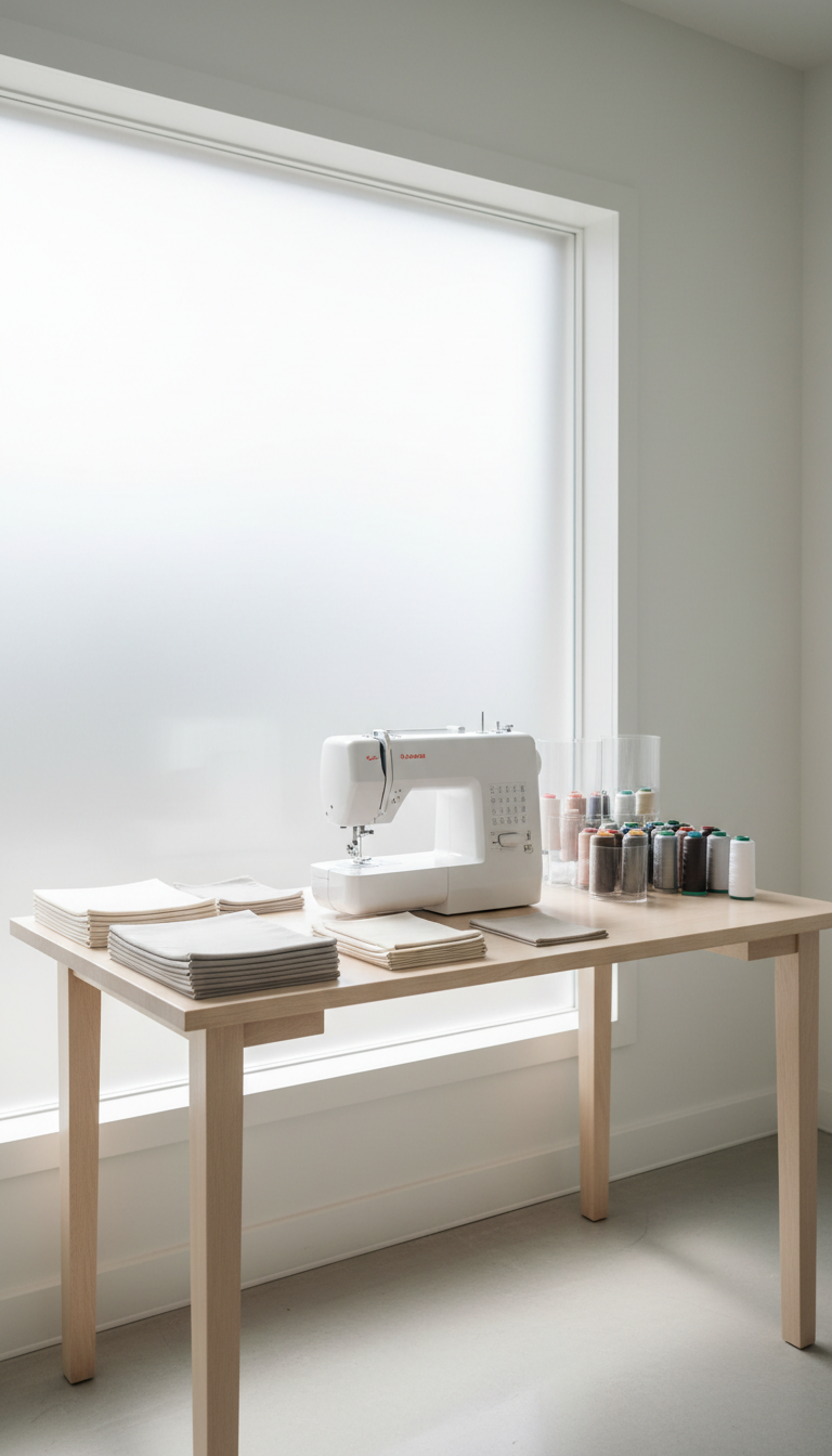 A refined, minimalist classroom corner within a sewing studio, featuring a modern white sewing machine on a spotless, pale-wood table. The sewing machine is surrounded by neatly stacked neutral fabric swatches and organized clear containers of thread. Diffused midday sunlight from a large, frosted glass window lends a bright, even illumination with soft shadows beneath the machine. The space is open, structured, and thoughtfully arranged with uncluttered lines. Captured from a slightly elevated angle with sharp focus, the composition emphasizes an atmosphere of calm concentration and professional support for instruction and creativity.