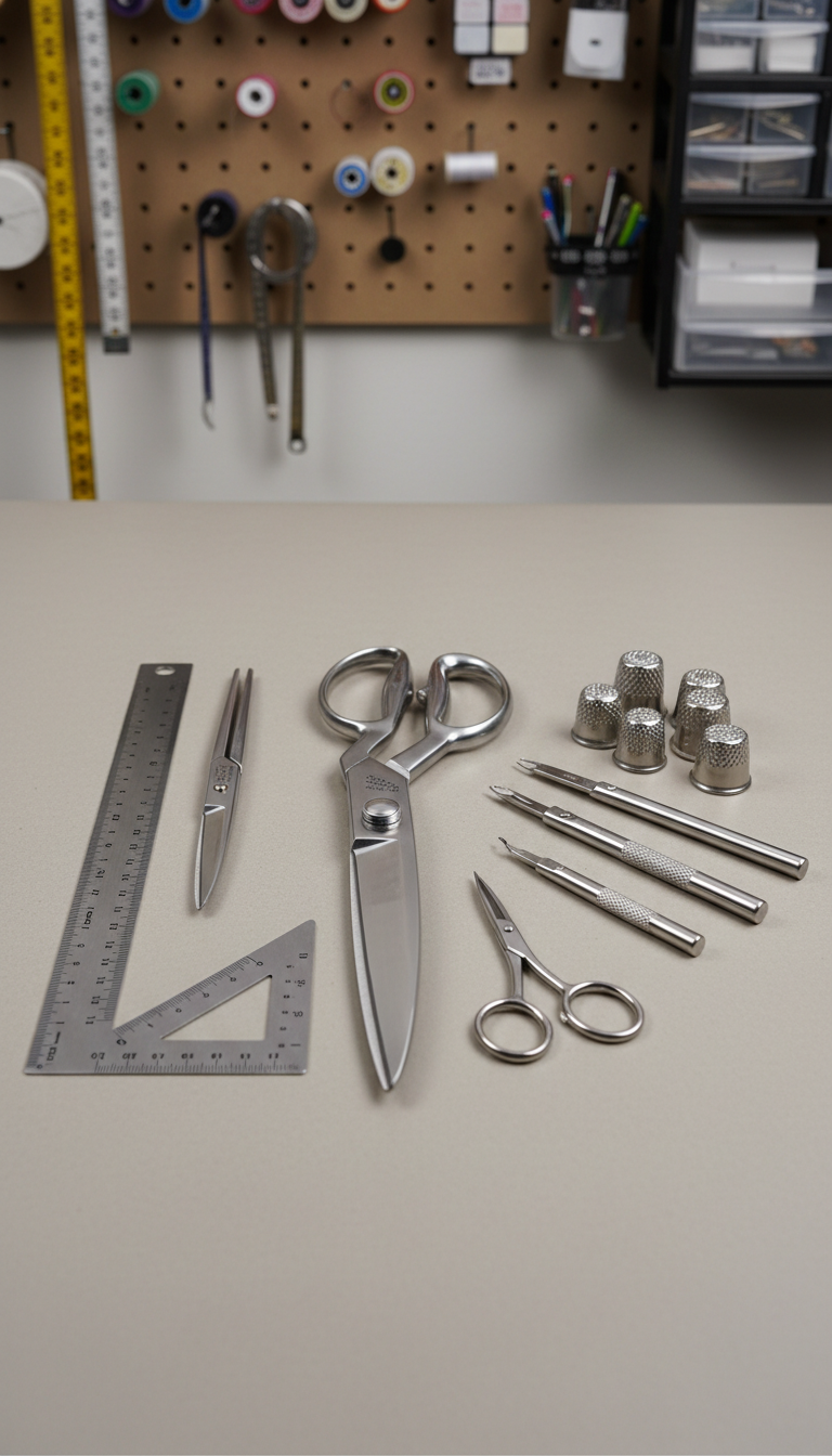 A selection of premium stainless steel sewing tools—scissors, rulers, seam rippers, and thimbles—carefully arranged on a smooth, neutral-gray workspace. Each tool’s polished surface catches precise, soft studio lighting, creating subtle reflections and sharp highlights that underline their quality and function. Behind them, a faintly blurred background hints at a wall-mounted pegboard with perfectly organized notions and accessories. The camera frames the tools using strict linear balance and a centered composition, photographed in crisp detail. The mood is methodical and reassuring, evoking precision and reliability in a structured, corporate setting—perfectly aligning with a professional sewing store’s branding.