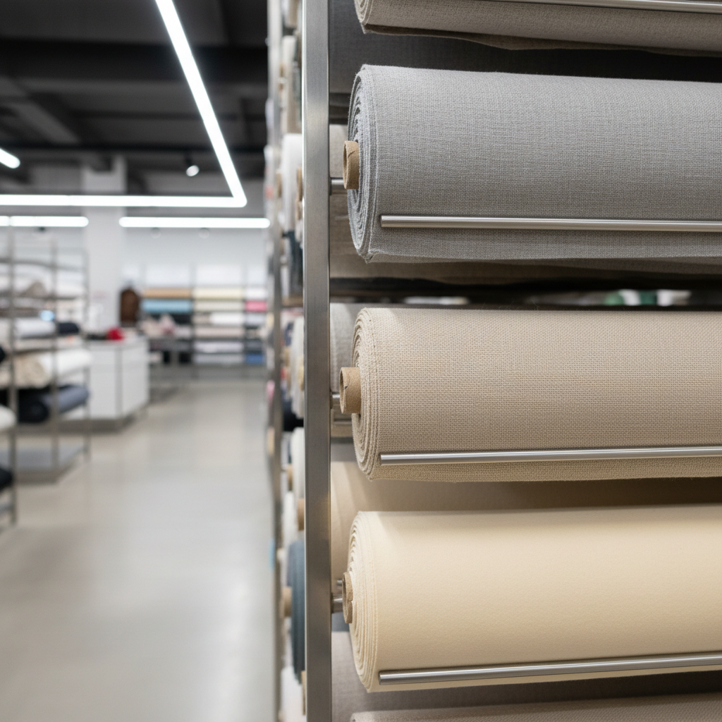 A close-up view of high-quality fabric bolts—linen, tightly woven cotton, and smooth wool—in understated shades of dove grey, cool beige, and warm ivory, their edges neatly aligned and stacked on minimalist metal racks. Positioned within a storefront that features a pristine, uncluttered layout, the fabric bolts are bathed in soft artificial light from sleek overhead fixtures, creating gentle highlights on their fibers and emphasizing their unique textures. The shot’s mood is tranquil and sophisticated, captured at an eye-level composition to showcase the tactile appeal of the materials. The scene presents a corporate, clean, and structured visual supporting the idea of expert, professional sewing supplies.