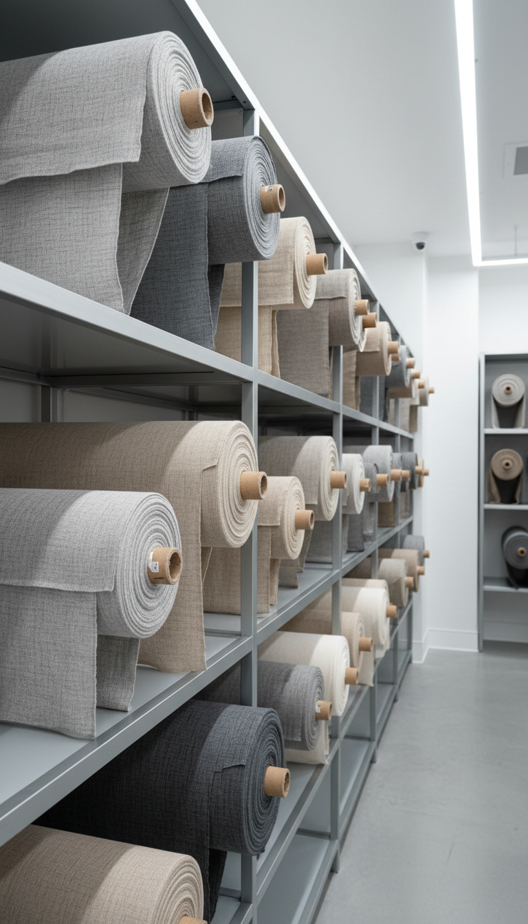 A close-up view of high-quality fabric bolts—linen, tightly woven cotton, and smooth wool—in understated shades of dove grey, cool beige, and warm ivory, their edges neatly aligned and stacked on minimalist metal racks. Positioned within a storefront that features a pristine, uncluttered layout, the fabric bolts are bathed in soft artificial light from sleek overhead fixtures, creating gentle highlights on their fibers and emphasizing their unique textures. The shot’s mood is tranquil and sophisticated, captured at an eye-level composition to showcase the tactile appeal of the materials. The scene presents a corporate, clean, and structured visual supporting the idea of expert, professional sewing supplies.